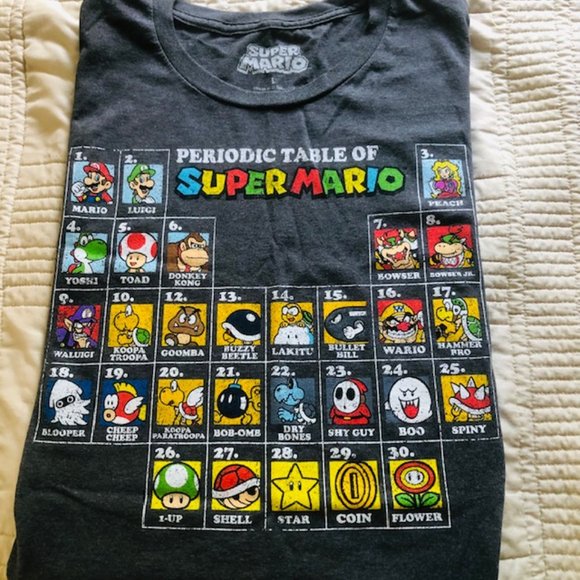 Super Mario Periodic Table Gray Graphic T-shirt Men's Large Luigi Toad Bowser - Picture 2 of 11
